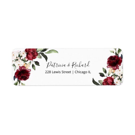 Burgundy Floral Wedding Return Address Label (Voorkant)