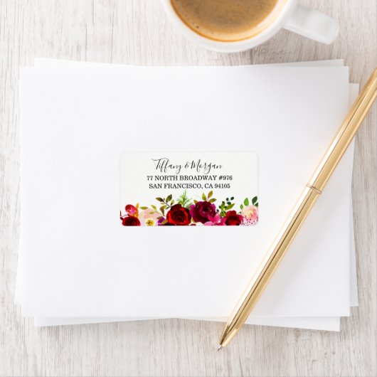 Burgundy Floral Wedding Return-adreslabel Etiket (Insitu)
