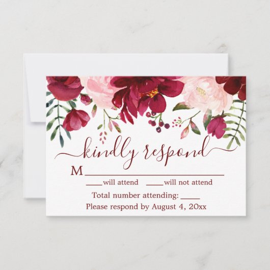 Burgundy Floral Wedding RSVP Kaart (Voorkant)