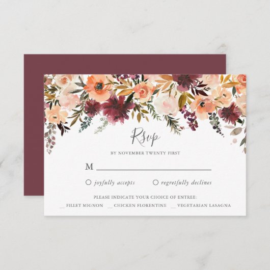 Burgundy Floral Wedding RSVP Kaart (Voorkant / Achterkant)