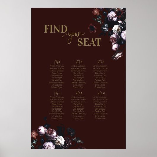 Burgundy Floral Wedding Seating Chart Poster (Voorkant)