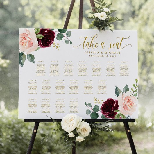 Burgundy Floral Wedding Seating Chart Poster