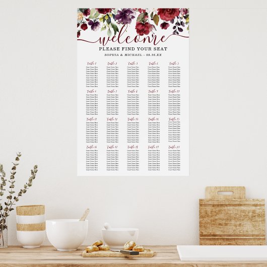 Burgundy Floral Wedding Seating Chart Poster (Keuken)