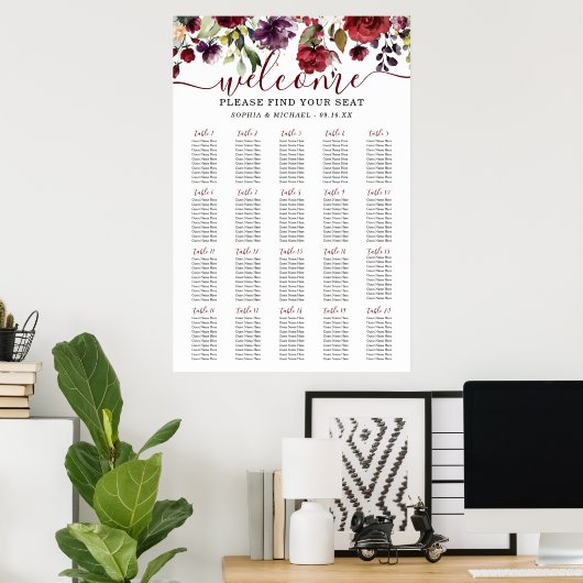 Burgundy Floral Wedding Seating Chart Poster (Thuiskantoor)