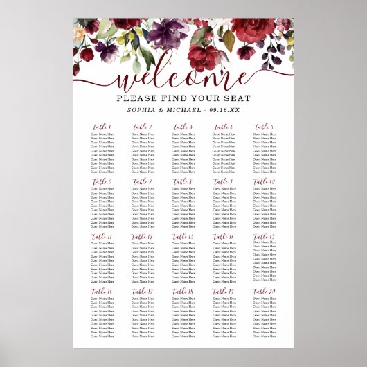 Burgundy Floral Wedding Seating Chart Poster (Voorkant)