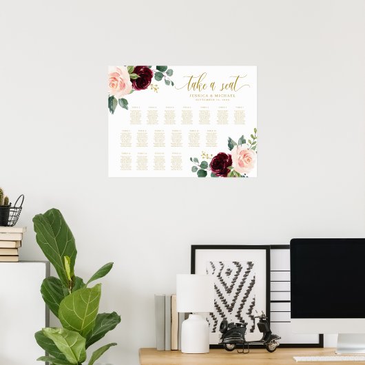 Burgundy Floral Wedding Seating Chart Poster (Thuiskantoor)