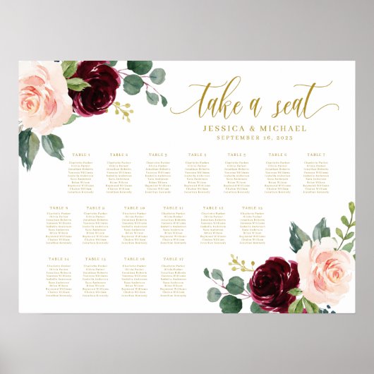 Burgundy Floral Wedding Seating Chart Poster (Voorkant)