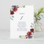 Burgundy Floral Wedding Table Number 1 Kaart (Staand voorkant)