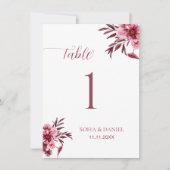 Burgundy Floral Wedding Table Number Card Elegant  (Voorkant)
