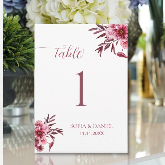 Burgundy Floral Wedding Table Number Card Elegant 