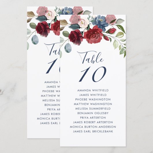 Burgundy Floral Wedding Table Number Kaart (Voorkant / Achterkant)