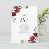 Burgundy Floral Wedding Table Number Kaart (Staand voorkant)