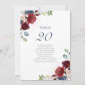Burgundy Floral Wedding Table Number Kaart (Achterkant)