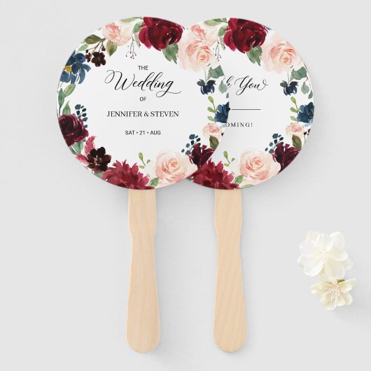 Burgundy Floral Wedding Welcome Hand Fan Handwaaier (Voorkant en achterkant)