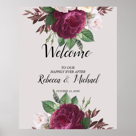 Burgundy floral Wedding Welcome Poster (Voorkant)