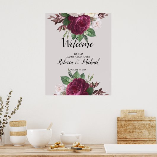 Burgundy floral Wedding Welcome Poster (Keuken)