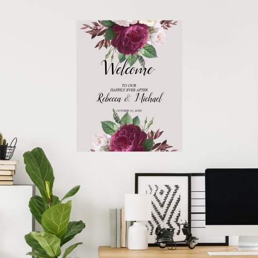 Burgundy floral Wedding Welcome Poster (Thuiskantoor)
