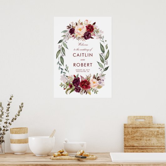 Burgundy Floral Wedding Welcome Poster (Keuken)