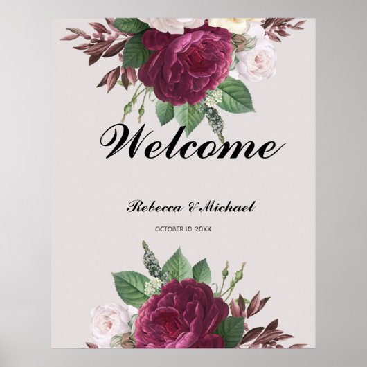 Burgundy floral Wedding Welcome Poster (Voorkant)