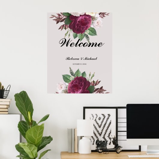 Burgundy floral Wedding Welcome Poster (Thuiskantoor)