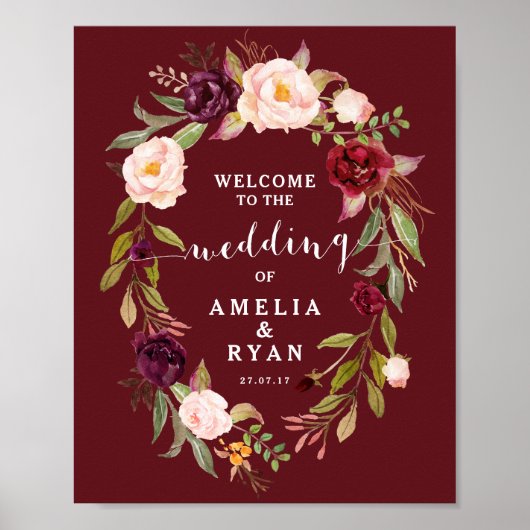 Burgundy Floral Wedding Welcome Sign Poster (Voorkant)