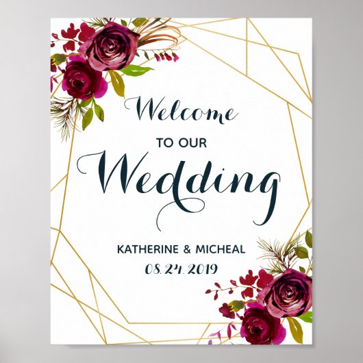 Burgundy Floral Wedding Welcome Sign Poster (Voorkant)