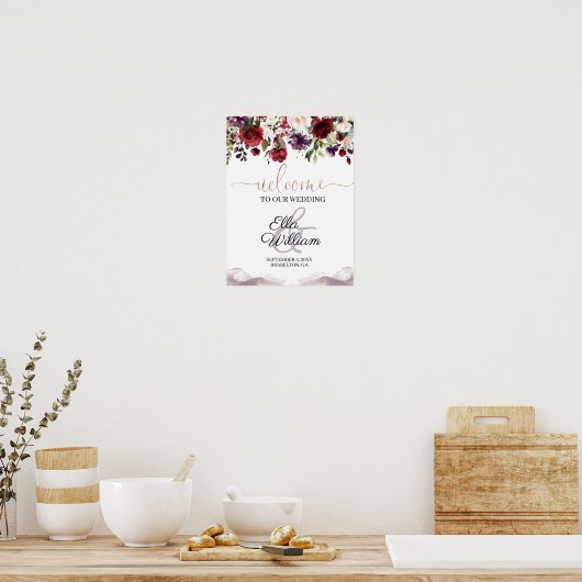 Burgundy Floral Wedding Welcome Sign Poster (Keuken)