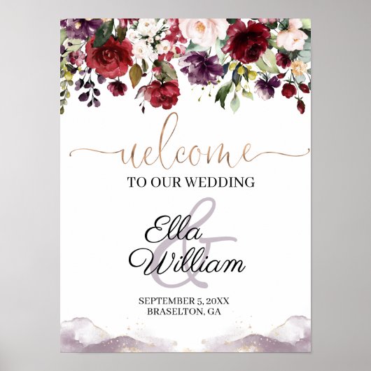 Burgundy Floral Wedding Welcome Sign Poster (Voorkant)