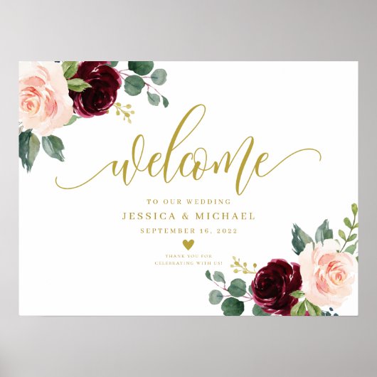 Burgundy Floral Wedding Welcome Sign Poster (Voorkant)