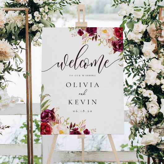 Burgundy Floral Wedding Welcome Sign Poster