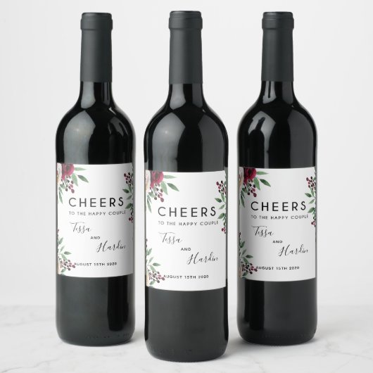 Burgundy Floral Wedding Wine Fleslabel Wijn Etiket (Flessen)