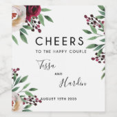 Burgundy Floral Wedding Wine Fleslabel Wijn Etiket (Enkel label)