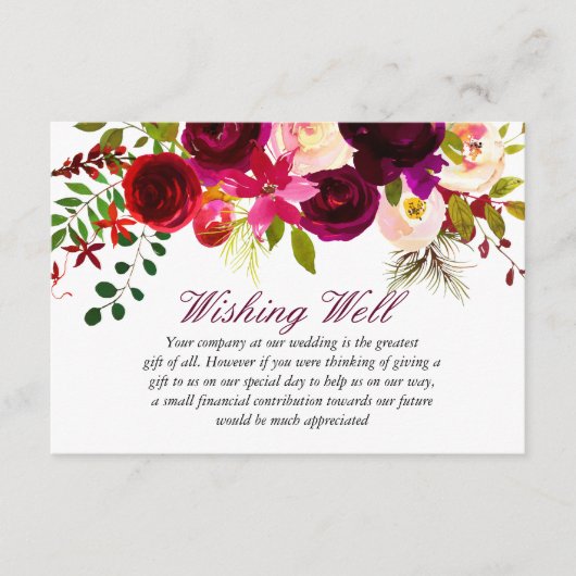 Burgundy Floral Wedding Wishing Well Informatiekaartje (Voorkant)