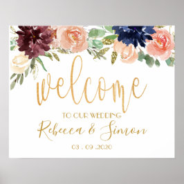 Burgundy Floral Welcome Wedding Sign Poster