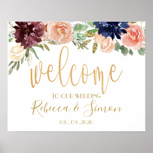 Burgundy Floral Welcome Wedding Sign Poster (Voorkant)
