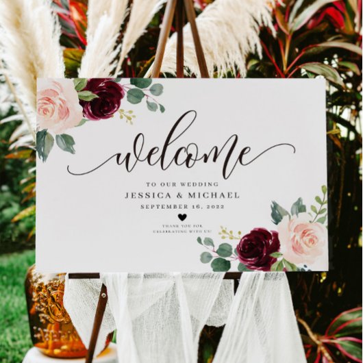 Burgundy Floral Welcome Wedding Sign Poster