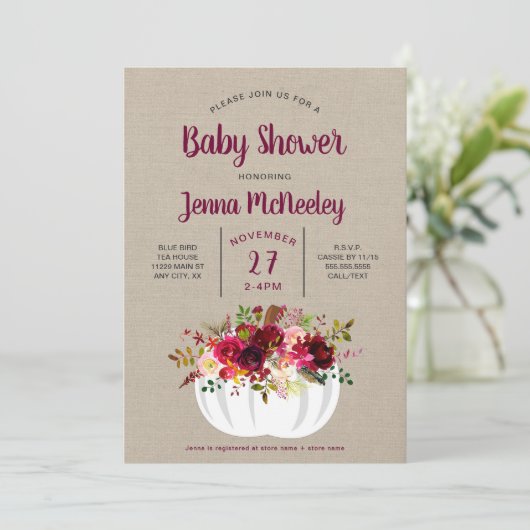 Burgundy Floral White Pumpkin Baby shower Kaart (Staand voorkant)