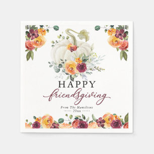 Burgundy Floral White Pumpkin Friendsgiving Napkin Servet