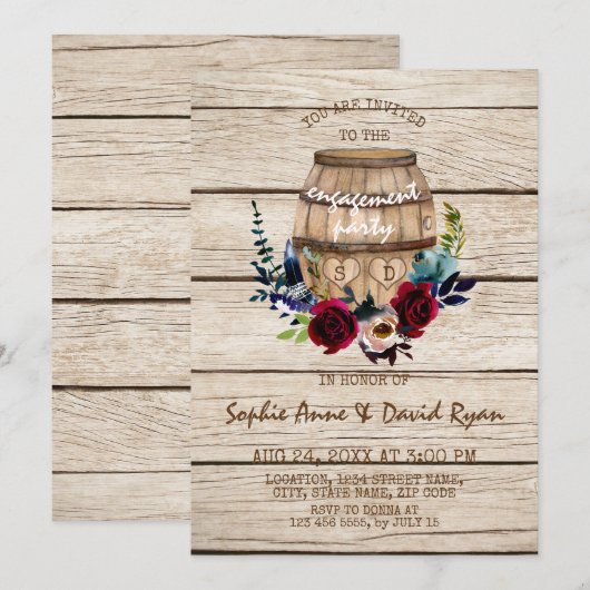 Burgundy Floral Wine Barrel Engagement Party Kaart (Voorkant / Achterkant)
