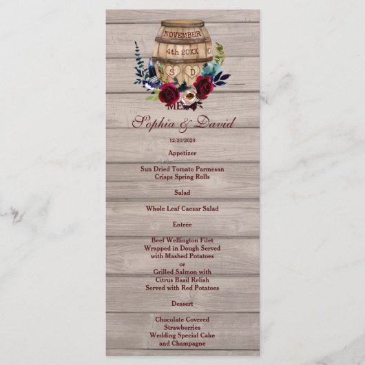 Burgundy Floral Wine Barrel Fall WeddenMenu Menu (Voorkant)
