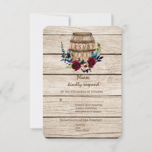 Burgundy Floral Wine Barrel Fall Weddenschap RSVP (Voorkant)