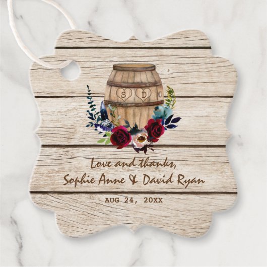 Burgundy Floral Wine Barrel Fall Wedding Bedankjes Labels (Voorkant)