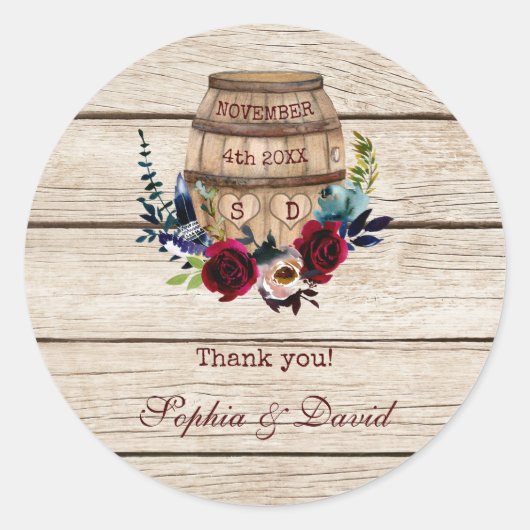 Burgundy Floral Wine Barrel Fall Wedding Ronde Sticker (Voorkant)