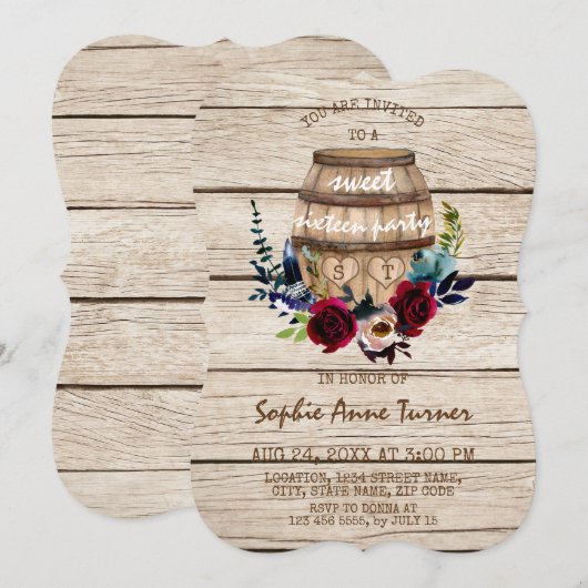 Burgundy Floral Wine Barrel Sweet Sixteen Kaart (Voorkant / Achterkant)