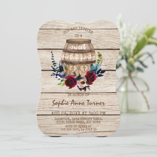 Burgundy Floral Wine Barrel Sweet Sixteen Kaart (Staand voorkant)