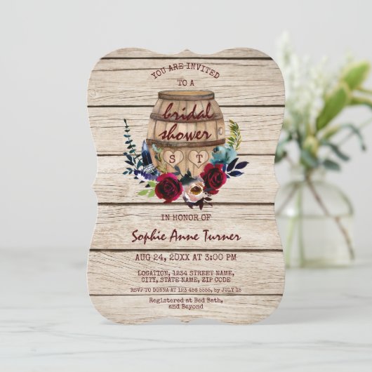 Burgundy Floral Wine Barrel Vrijgezellenfeest Kaart (Staand voorkant)