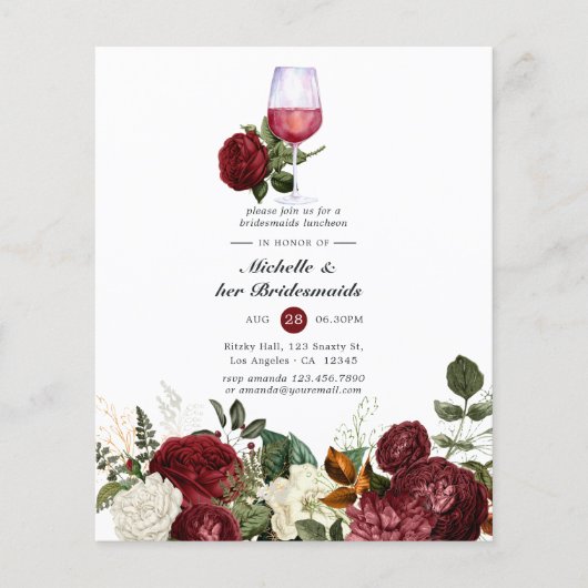Burgundy Floral Wine Tasting Bridesmaids Luncheon Flyer (Voorkant)