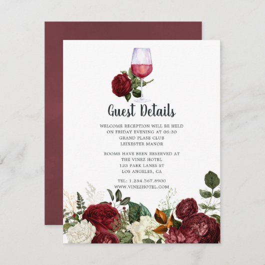Burgundy Floral Wine Tasting Weddenschap Details Informatiekaartje (Voorkant / Achterkant)