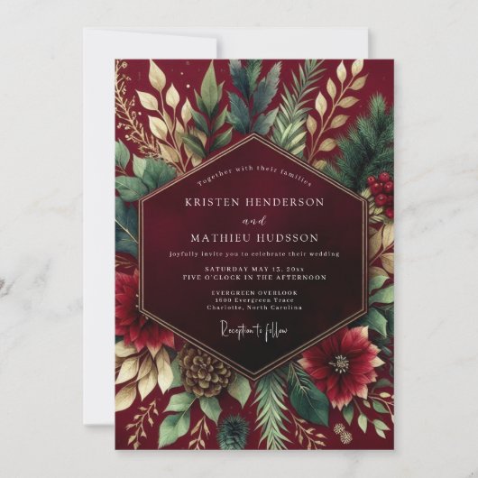 Burgundy Floral Winter Wedding Kaart (Voorkant)