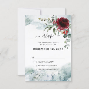 Burgundy Floral Winter wonderland bruiloft RSVP Kaartje